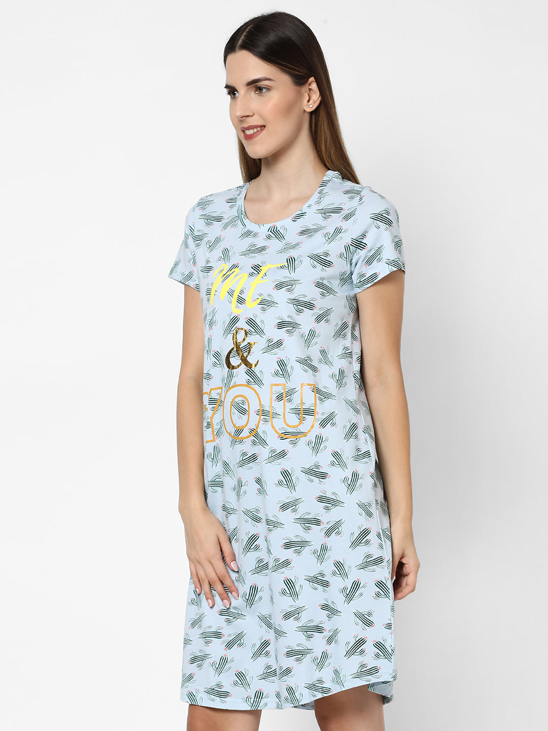 evolove women's cactus print with me and you printed knee length nightgown/short nighty/longpolo, 100% cotton, super soft, trendy design