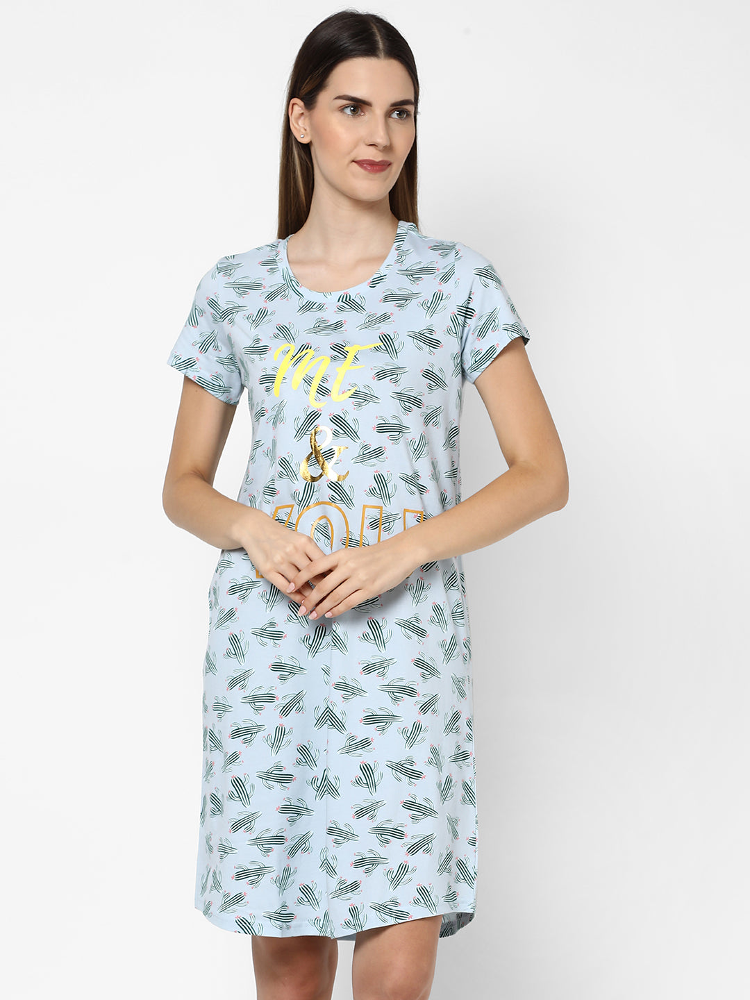 evolove women's cactus print with me and you printed knee length nightgown/short nighty/longpolo, 100% cotton, super soft, trendy design