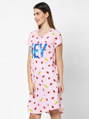 evolove women's strawberry print with hey there printed knee length nightgown/short nighty/longpolo, 100% cotton, super soft, trendy design