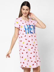 evolove women's strawberry print with hey there printed knee length nightgown/short nighty/longpolo, 100% cotton, super soft, trendy design