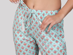 Evolove Women's 100% Cotton Printed Pyjama Relaxed Lounge Pants with Pockets Super Soft Comfortable (Light Green)