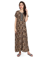 Evolove Women's Rayon Printed Maxi Nighty Sleepwear Super Comfortable (Brown)