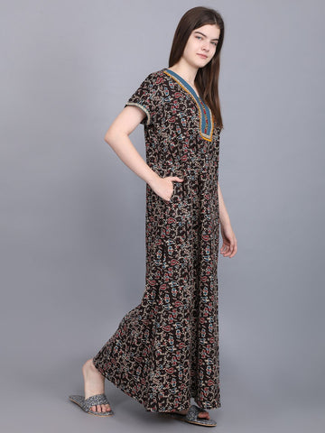Evolove Women's 100% Cotton Printed Maxi Nightgown Long Nighty Sleepwear for Ladies Super Soft Comfortable Design  (Black)