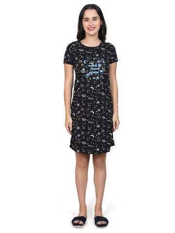 Evolove Women's 100% Cotton Printed Knee Length Casual Regular Short Nightgown (Black)