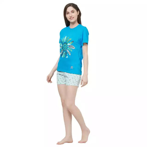Evolove Women's Hosiery cotton Half Sleeve T-shirt & Printed  Shorts Set / Night suit / Lounge wear (Colour - Blue & Printed  Light Blue)