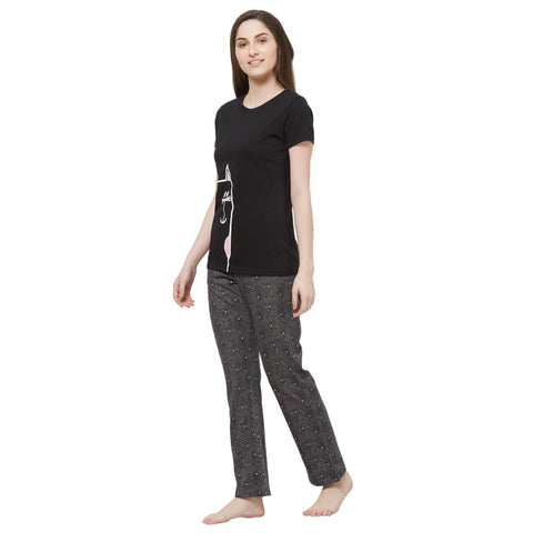Evolove Women's cotton Half Sleeve T-shirt & Printed  Pajama Set (Colour - Black)