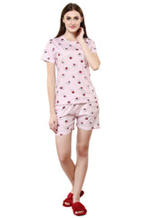 evolove Women's Love Pink Round Neck Mocha Printed Pajama Set Night Suit (Top Bottom same print , Love Pink) Get free eyemask inside of any design