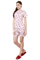 evolove Women's Love Pink Round Neck Mocha Printed Pajama Set Night Suit (Top Bottom same print , Love Pink) Get free eyemask inside of any design