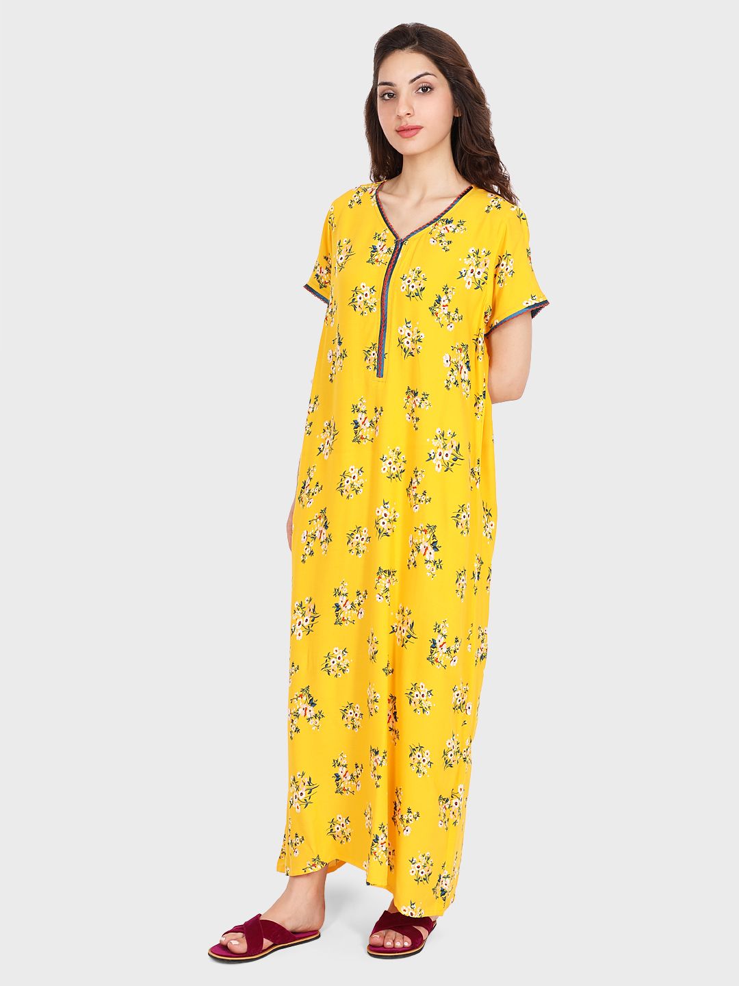 Evolove Women's Rayon Printed Maxi Nighty Sleepwear Super Comfortable (Honey Yellow)