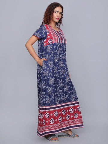 Evolove Women's 100% Cotton Printed Maxi Nightgown Long Nighty Sleepwear for Ladies Super Soft Comfortable Design  (Navy Blue)