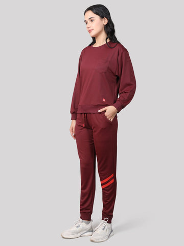 Evolove Women's Polylooper Top Pyjama Set Night Suit Relaxed Lounge Pants with Pockets Track Suit (Red)