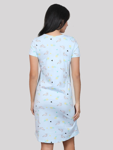 Evolove Women's 100% Cotton Printed Knee Length Casual Regular Short Nightgown (Blue)