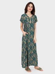 Evolove Women's Rayon Printed Maxi Nighty Sleepwear Super Comfortable (Green)