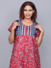 Evolove Women's 100% Cotton Printed Maxi Nightgown Long Nighty Sleepwear for Ladies Super Soft Comfortable Design  (Burgundy)