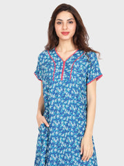 Evolove Women's Rayon Printed Maxi Nighty Sleepwear Super Comfortable (Blue)