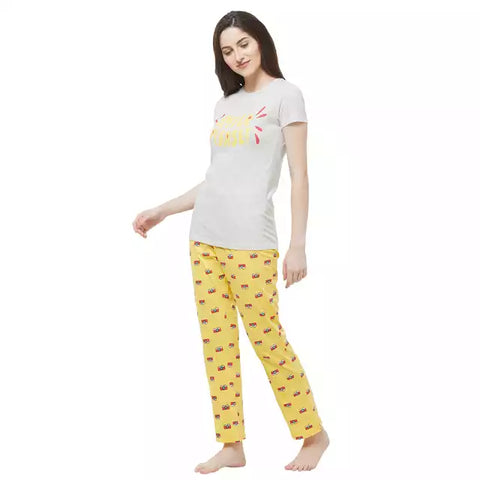 Evolove Women's Hosiery cotton Half Sleeve T-shirt & Printed  Pajama Set (Colour - Ecru Melange & Printed  Yellow)
