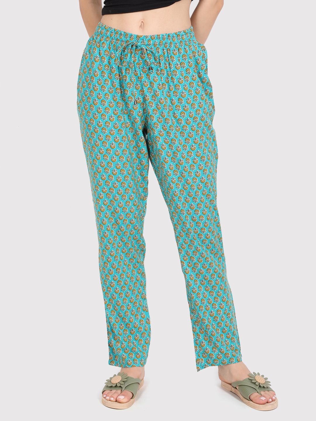 Evolove Women's Cotton Printed Pajama Relaxed Lounge Pants With Pockets (Teal)