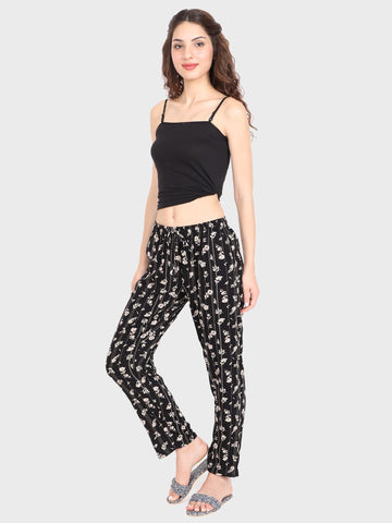 Evolove Women's Cotton Printed Pajama Relaxed Lounge Pants With Pockets ( Black)