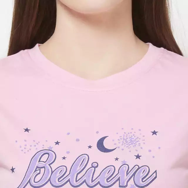 Evolove Women's Hosiery cotton Half Sleeve T-shirt & Printed  Pajama Set (Colour - Dark Pink & Printed  Lavender)