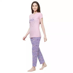 Evolove Women's Hosiery cotton Half Sleeve T-shirt & Printed  Pajama Set (Colour - Dark Pink & Printed  Lavender)