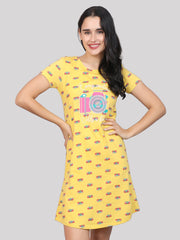 Evolove Women's 100% Cotton Printed Knee Length Casual Regular Short Nightgown ( Yellow)