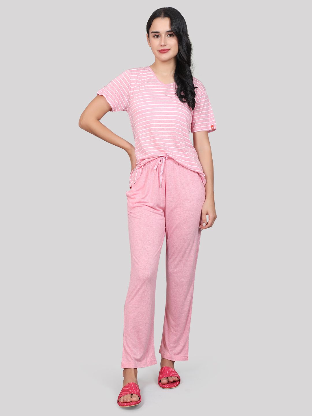 Evolove Women's Cotton Half Sleeves Round Neck Night Suit Set/Top Pyjama Set Super Soft Comfortable  (Pink)