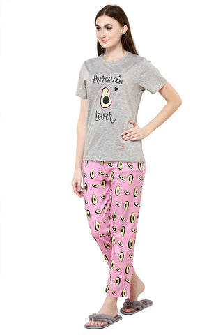 evolove Women's Paris Pink Round Neck Avocado Printed Pajama Set Night Suit ( Grey & Paris Pink, S) Get free eyemask inside of any design