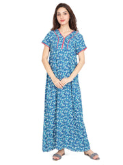 Evolove Women's Rayon Printed Maxi Nighty Sleepwear Super Comfortable (Blue)