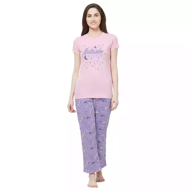 Evolove Women's Hosiery cotton Half Sleeve T-shirt & Printed  Pajama Set (Colour - Dark Pink & Printed  Lavender)