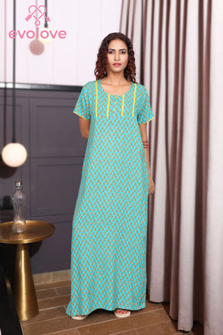 Evolove Women's 100% Viscose Printed Maxi Nightgown Long Nighty Sleepwear for Ladies Super Soft Comfortable Design  (Sea Green)