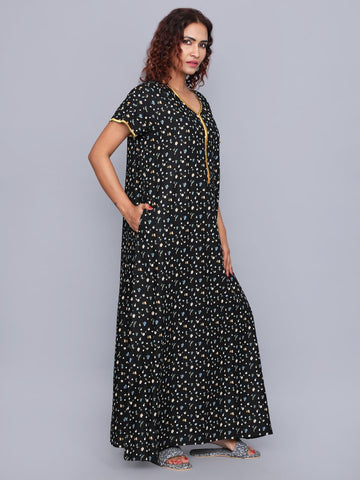 Evolove Women's 100% Viscose Printed Maxi Nightgown Long Nighty Sleepwear for Ladies Super Soft Comfortable Design  ( Black)