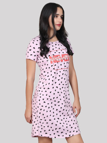 Evolove Women's 100% Cotton Printed Knee Length Casual Regular Short Nightgown (Light Pink)