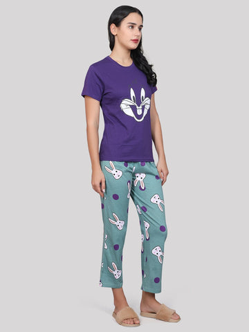 Evolove Women's Cotton Half Sleeves Round Neck Night Suit Set/Top Pyjama Set Super Soft Comfortable  (Voilet)