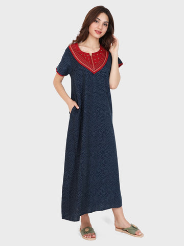 Evolove Women's Cotton Printed Maxi Nighty Sleepwear Super Comfortable & Soft Cotton (Navy)