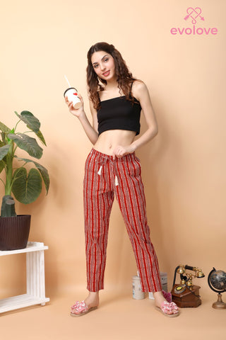 Evolove Women's Cotton Printed Pajama Relaxed Lounge Pants With Pockets (Brick Red)