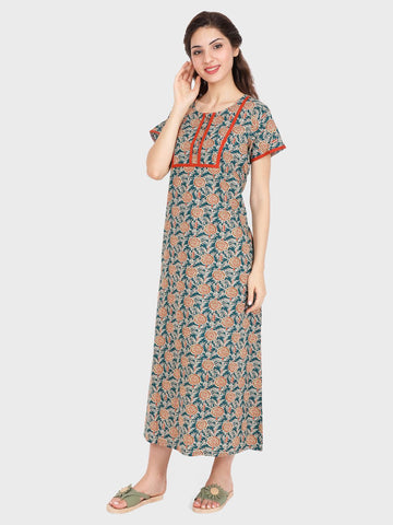 Evolove Women's Cotton Printed Maxi Nighty Sleepwear Super Comfortable & Soft Cotton (Bottle Green)