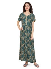 Evolove Women's Rayon Printed Maxi Nighty Sleepwear Super Comfortable (Teal Green)