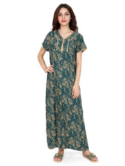 Evolove Women's Rayon Printed Maxi Nighty Sleepwear Super Comfortable (Green)