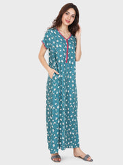 Evolove Women's Rayon Printed Maxi Nighty Sleepwear Super Comfortable (Sea Blue)