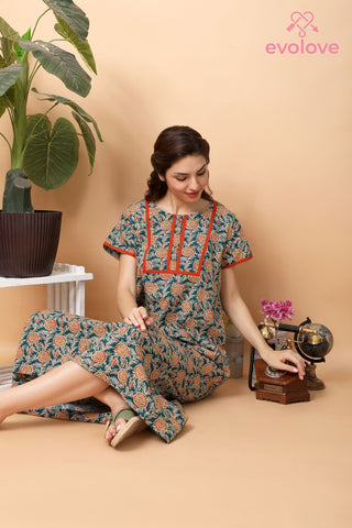 Evolove Women's Cotton Printed Maxi Nighty Sleepwear Super Comfortable & Soft Cotton (Bottle Green)