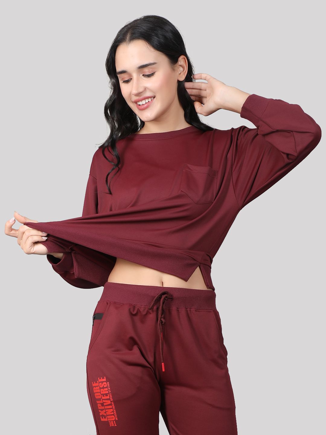 Evolove Women's Polylooper Top Pyjama Set Night Suit Relaxed Lounge Pants with Pockets Track Suit (Red)